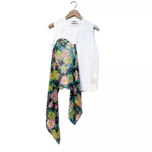 MSGM Womens Small Sleeveless Top Blouse Draped Scarf Detail White Floral Cotton